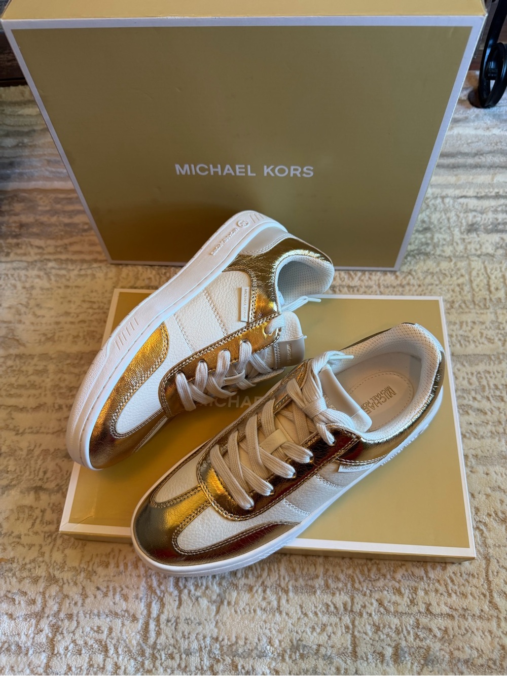 Michael Kors White and Gold Metallic Low-Top Sneakers